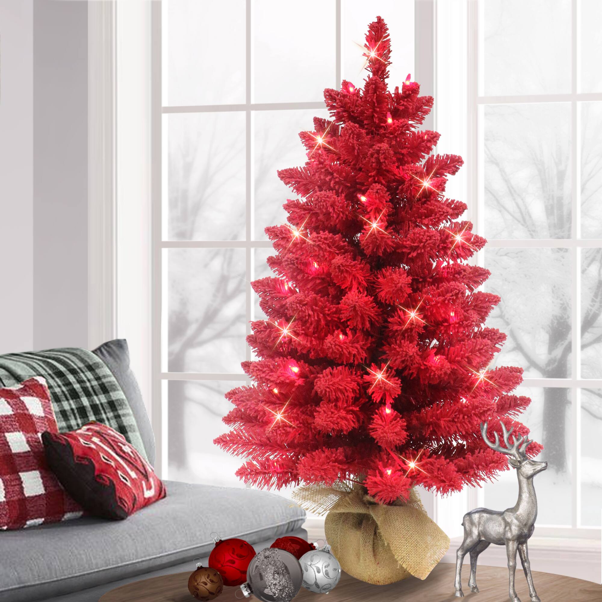 3ft. Pre-Lit Red Artificial Flocked Christmas Tree with Burlap Base, Clear Lights